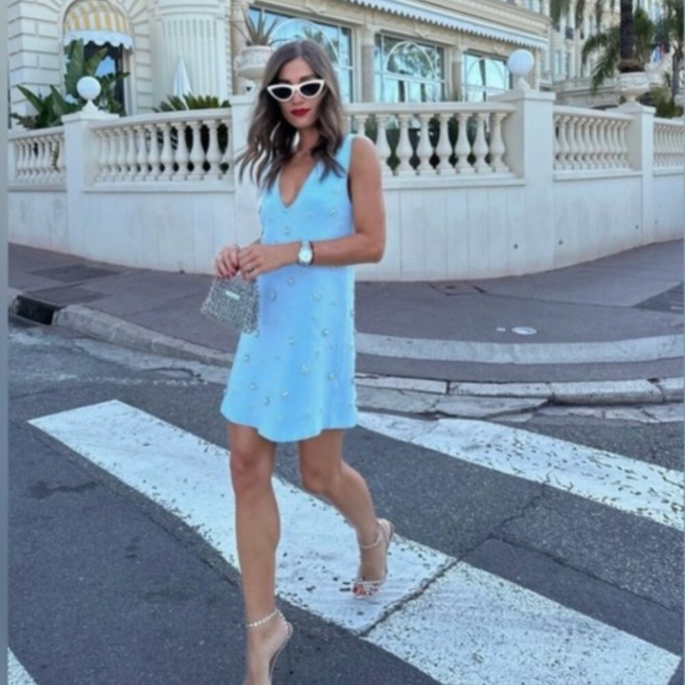 Zara BEADED PEARL JEWEL KNIT MINI DRESS Light Blue 2142/081 S M L NWT - Picture 4 of 13